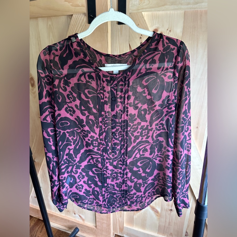 LOFT Burgundy and Black Patterned Blouse
